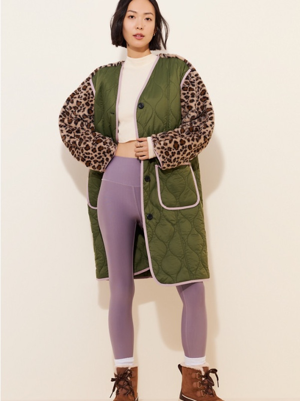 Colorblock Moss Long Liner Coat with Cheetah Sleeves| Anthropology | M